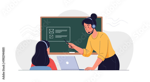 Teacher with headset instructs student online, pointing at laptop and blackboard
