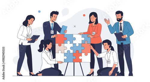 Teamwork assembling puzzle pieces, business collaboration, strategy and solution concept