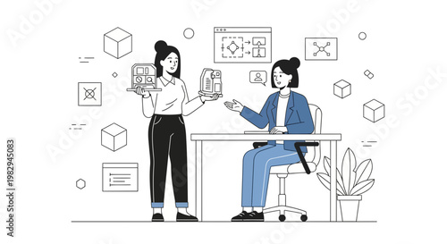 Teamwork in innovation: colleagues discuss 3D printing technology and design