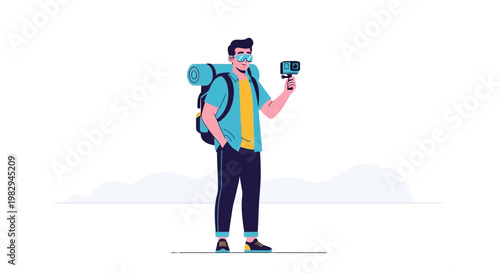 Traveler with Backpack and Camera Recording Video