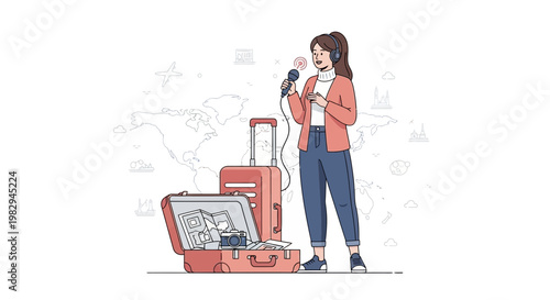 Traveler with Microphone and Suitcase, Ready for Adventure