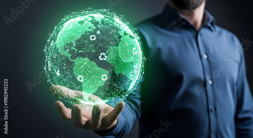 Businessman holding a digital globe representing global connectivity and technology innovation in a modern digital environment