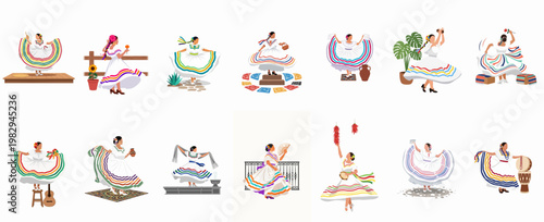 Tableau sur toile Set of vector illustrations featuring women in traditional Mexican folkloric dance costumes, performing various cultural dances with vibrant ribbons and accessories