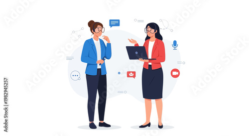 Two women collaborating on a project, one holding a laptop, discussing ideas with speech bubbles.