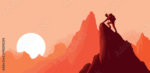 Mountain Climber Reaching Peak at Sunset