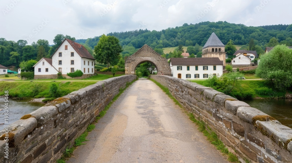 Fototapeta premium View from an old stone bridge towards a charming European village featuring traditional white houses a church tower and lush green hills under a cloudy sky