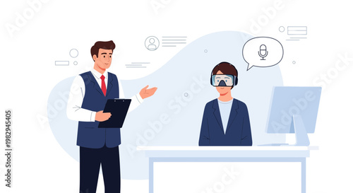 Virtual Reality Training: Instructor Guides Trainee in VR Headset with Microphone Icon