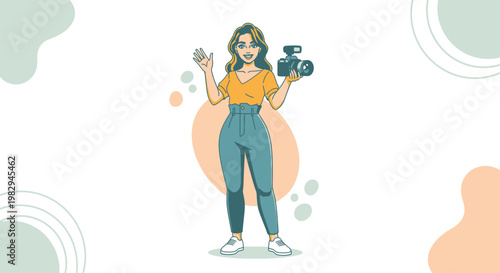 Young Woman Vlogger Holding Camera Waving Hello, Creative Content Creator Lifestyle