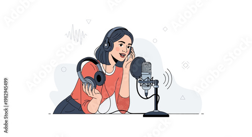 Young woman with headphones recording podcast or voiceover at microphone