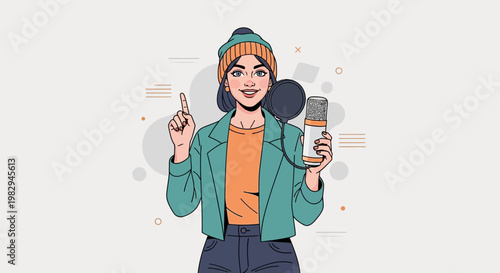 Young Woman Podcaster Recording Audio with Microphone and Pop Filter