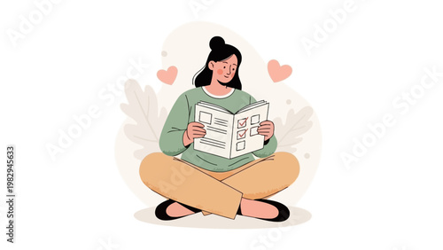 Woman Reading Book with Checklists, Self-Care and Personal Growth Concept