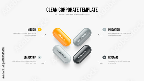 Advertising Innovation Frame Design Vector Illustration. Enterprise Introduction 4 Option Infographic Slide Template. Marketing Campaign Four Element Diagram Presentation Layout.