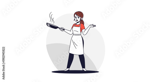 Woman cooking in pan, kitchen, chef, home cooking, healthy food, illustration