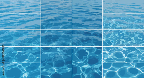 Blue swimming pool water texture set, 16 seamless ocean wave patterns, turquoise sea surface with sun caustic reflections for summer backgrounds