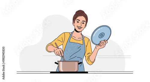 Woman Cooking in Kitchen, Stirring Pot with Lid in Hand, Healthy Lifestyle