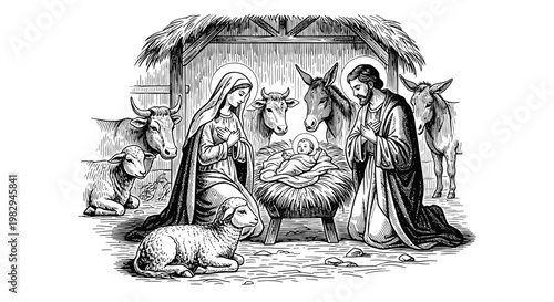 Nativity Scene Illustration: Holy Family, Animals in Stable