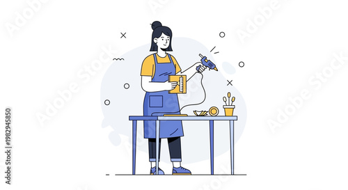 Woman crafting with hot glue gun, DIY project, creative hobby, illustration