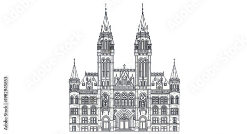 Ornate Gothic Town Hall Sketch, Historic European Architecture Line Drawing