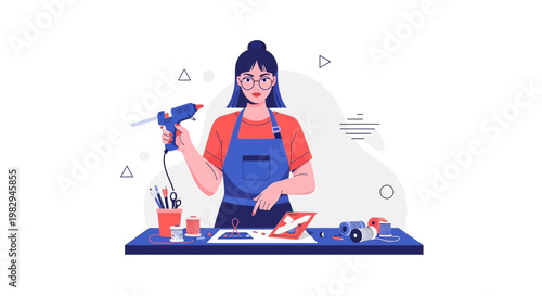 Woman crafting with hot glue gun, scissors, and thread, creative hobby concept