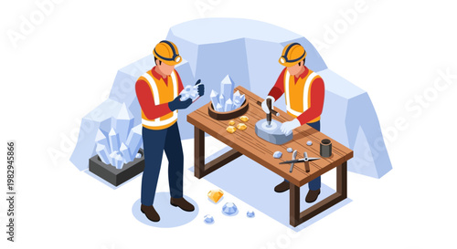 Two miners in hard hats and vests are examining and processing crystals and gold nuggets on a wooden table in an icy cave.