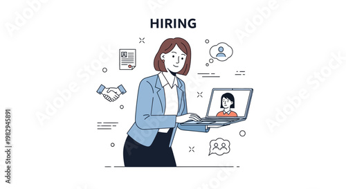 Woman Hiring Online: Businesswoman using laptop for recruitment, virtual hiring process
