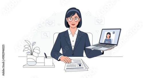 Woman in Business Suit Conducting Online Interview with Laptop and Resume