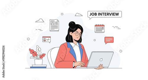 Woman in Job Interview Online, Working Remotely on Laptop, Business Meeting