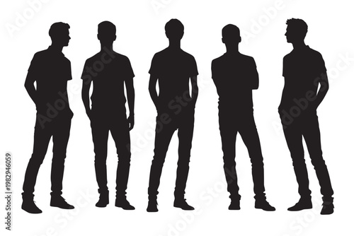 Illustration of a black vector silhouette group featuring business men and women standing in a crowd team or walking as a couple with a child