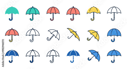 Collection of colorful umbrellas in various styles and colors on white background