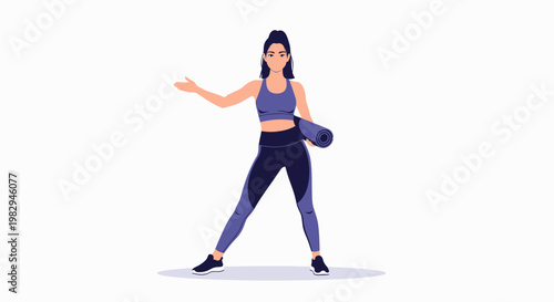 Woman in sportswear holding yoga mat, ready for workout, isolated on white.