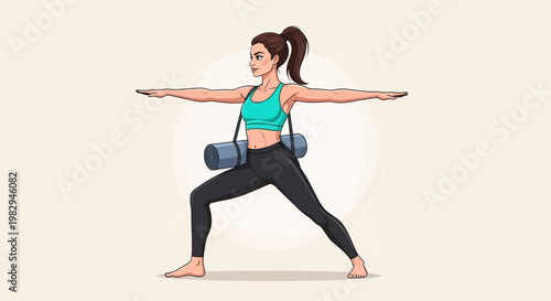 Woman in Warrior II Pose with Yoga Mat, Healthy Lifestyle, Fitness
