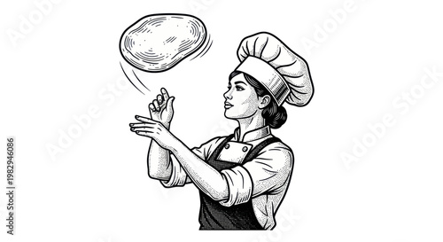 Chef Tossing Pizza Dough, Hand-Drawn Illustration