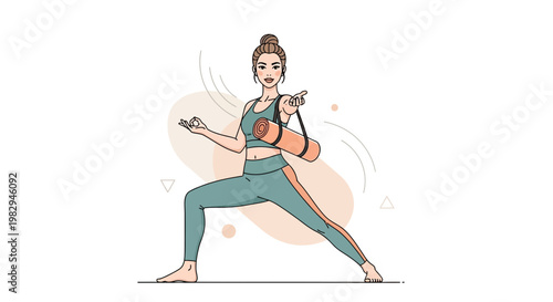 Woman in Warrior Pose with Yoga Mat, Healthy Lifestyle, Fitness and Wellness