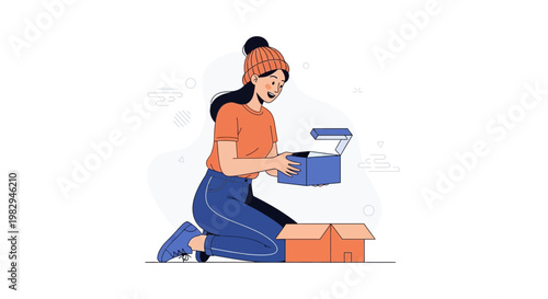 Woman opening a box, receiving a package, happy surprise, illustration, flat design