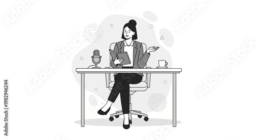 Woman Podcaster Speaking into Microphone at Desk with Book and Coffee