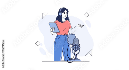 Woman Podcaster Recording Audio with Microphone and Headphones, Holding Tablet