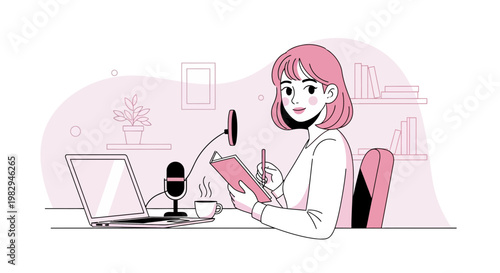 Woman podcasting at home with laptop, microphone, and notebook