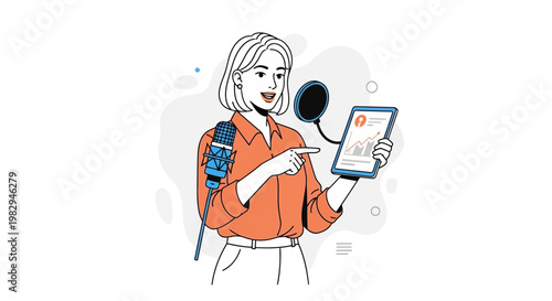 Woman presenter with microphone and tablet showing analytics graph, podcasting, online presentation