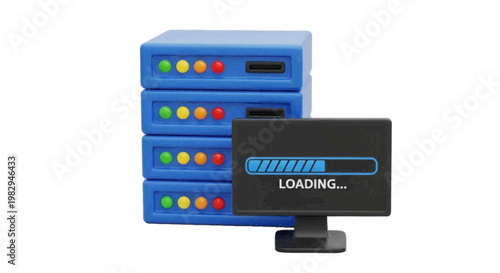 Vector illustration of 3d illustration of a server rack with a computer monitor showing loading bar on a transparent background