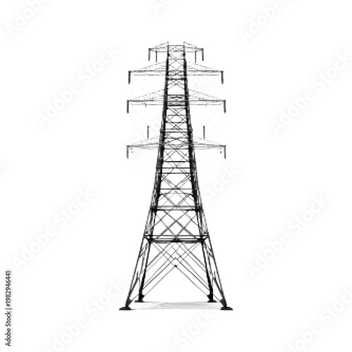 Electric power transmission tower, high voltage pylon. Black vector illustration of energy infrastructure, electricity distribution, grid and industrial engineering.