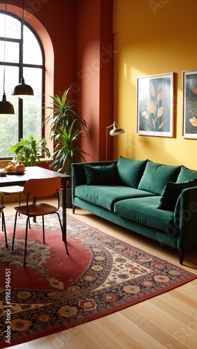 Cozy Green Velvet Couch in a Colorful Sunlit Living Room