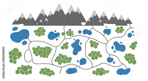 Minimalist mountain landscape map vector, stylized topographical chart with blue lakes and green forests, abstract nature terrain diagram for hiking