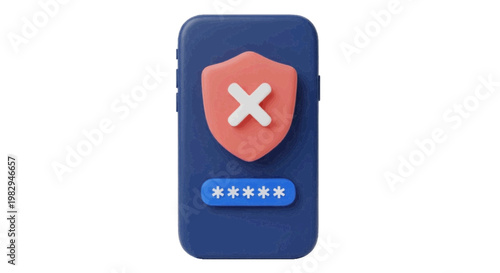 Vector illustration of 3d smartphone icon with a shield and cross symbol for security error on a transparent background