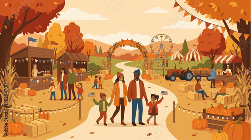 A diverse family enjoys a festive autumn fair with pumpkins, hay bales, food stalls, a Ferris wheel, and autumnal trees.