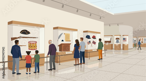 A diverse family and other visitors explore historical artifacts in a brightly lit museum, learning about the past.
