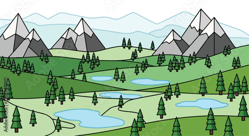 Flat mountain landscape vector illustration, scenic alpine nature background with snow peaks and pine trees, green valley with blue lakes and hills