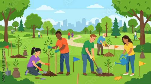 A diverse group of people work together planting trees in a lush green park with a city skyline in the background, promoting environmental awareness and community.