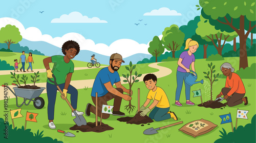 A diverse group of people of varying ages and ethnicities are actively planting young trees together in a vibrant green park setting, promoting environmentalism and community.