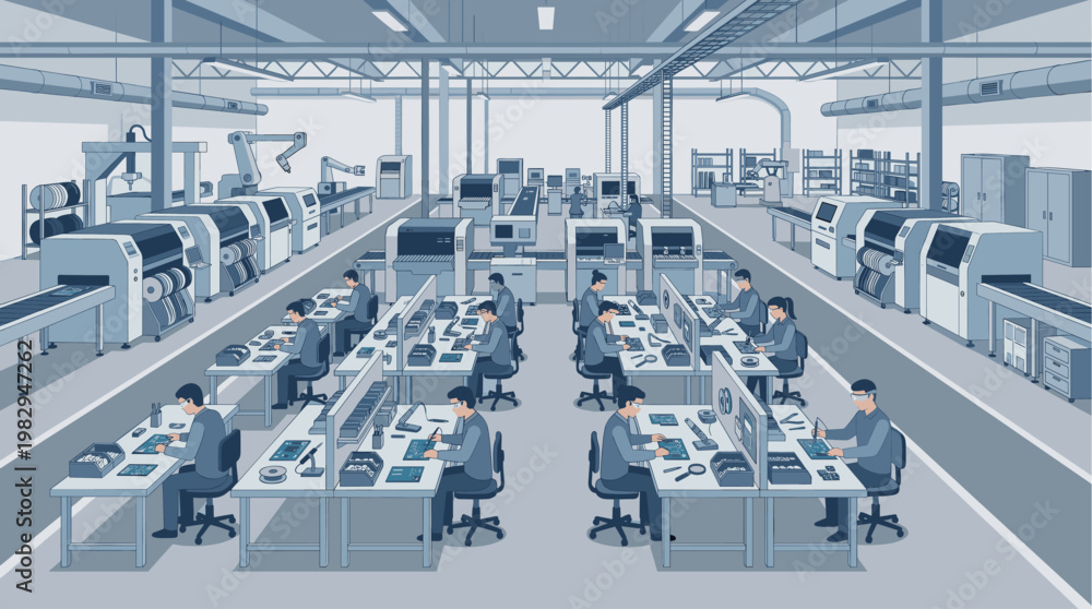 Obraz premium Modern factory floor with workers assembling electronic components at workstations alongside automated machinery and robotic arms, depicting efficient industrial production.