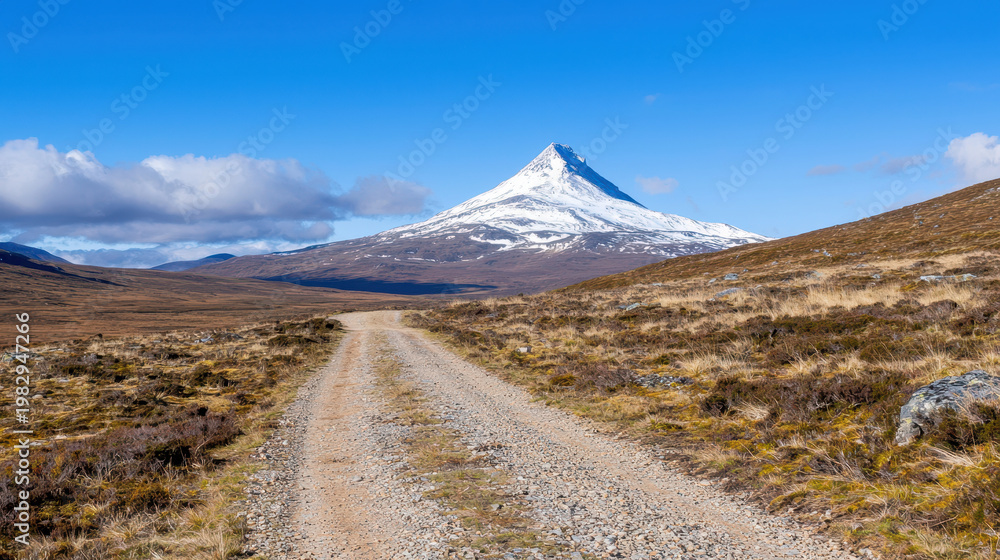 Obraz premium Scenic pathway meandering towards snow capped mountain under clear blue sky evokes sense of tranquility and adventure